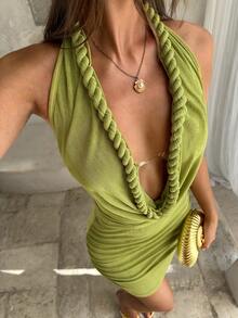 Aloruh Music Festival/Vacation/Date Green Deep V Twist Hem Sexy Backless Mini Dress For Women - Green - View 10
