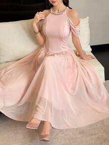 Modelyn Đầm dài đính cườm hở vai thanh lịch, đầm cổ yếm dịu dàng dành cho phụ nữ. - Hồng - Xem 3