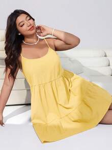 Solflare Plus Size Women's Yellow Casual Ruffle Hem Spaghetti Strap Dress, Spring/Summer - Yellow - View 5