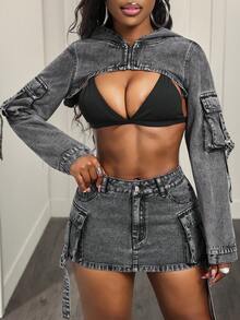 BamGleam Áo khoác và áo choàng denim thời trang thường ngày dành cho nữ - Xám - Xem 1