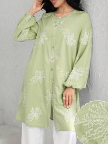 Graceveil Elegant Women's Loose Fit Round Neck Embroidered Long Sleeve Casual Vacation Blouse - Green - View 5
