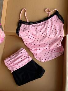 on lazo de cinta y detalle de encaje de dos piezas, conjunto de ropa de estar en casa de top de tirantes y shorts con estampado de vida silvestre adorable y acento de encaje dulce para niñas - Blanco - Ver 11