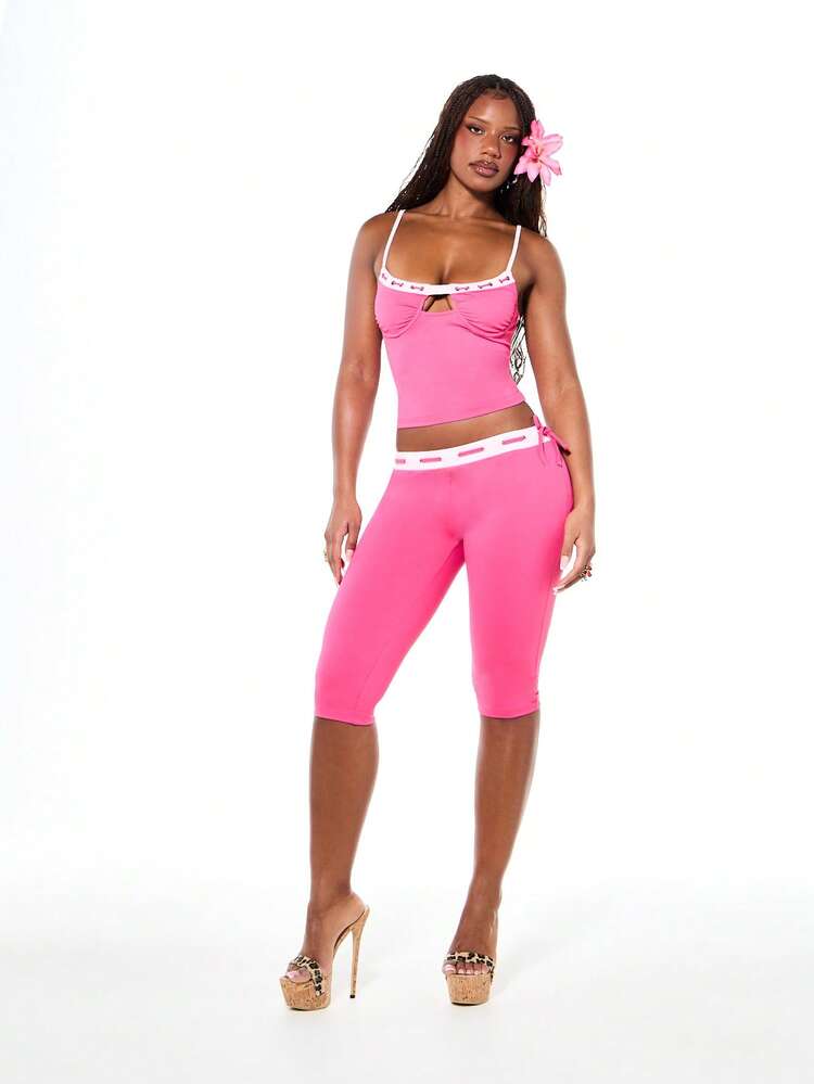SUMWON WOMEN Damen High-Rise Leggings mit Kontrast-Taillenbund, Schnürung und weißem Saum, für Athletik, Lässig, Yoga, Aktiv und Casual, figurbetont, 7/8-Länge