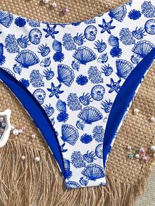Swim Mod Bộ bikini cỡ lớn dành cho nữ, in hình vỏ sò, kiểu dáng ngọt ngào, thích hợp cho kỳ nghỉ biển. - Xanh đậm - Xem 5