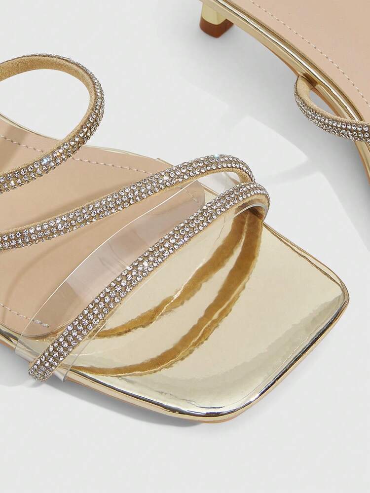 CUCCOO SZL Women Shoes Spring And Summer New Square-Headed Kitten With Golden Rhinestone Strap Women's Medium Heel Sandals Slippers Simple, Fashionable And Comfortable Versatile Sexy Party Women's Sandals Women's Shoes