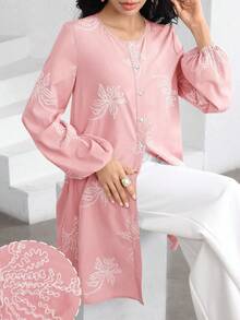 Graceveil 优雅女士休闲宽松圆领刺绣长袖衬衫，度假风 - 粉色 - 查看 3