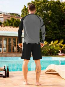 Manfinity KASUA Conjunto de 2 piezas de camiseta de manga raglán y pantalones cortos de natación para hombre, camiseta de natación con protección solar, vacaciones - Multicolor - Ver 2