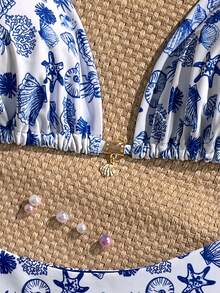 Swim Mod Bộ bikini cỡ lớn dành cho nữ, in hình vỏ sò, kiểu dáng ngọt ngào, thích hợp cho kỳ nghỉ biển. - Xanh đậm - Xem 3