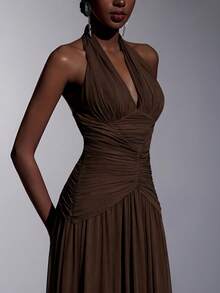 Elitara Elegant, , Fashionable Elastic Mesh Halter Neck Ruched Decor A-Line Dress, Party Wedding Guest Orange Color, And Graceful Bridesmaid - Coffee Brown - View 6