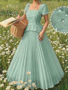 Modelyn French Square Collar Delicate Beaded Embroidery Patchwork Fitted Pleated Short Sleeve Elegant Dress - Green - View 3