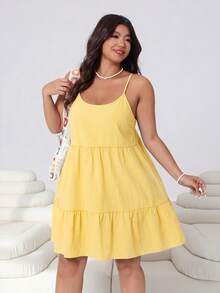 Solflare Plus Size Women's Yellow Casual Ruffle Hem Spaghetti Strap Dress, Spring/Summer - Yellow - View 4