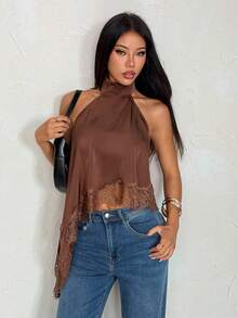 SHEIN PETITE Women's Lace Patchwork Halter Backless Sexy Versatile Top For Dates & Outings,Summer Top ,Petite Women - Coffee Brown - View 10