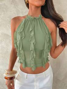Aloruh New Sexy Backless Lace-Up Design Crop Top, Elegant Purple Layered Ruffle Decor Halter Backless Vest, Summer,Summer Top - Olive Green - View 8