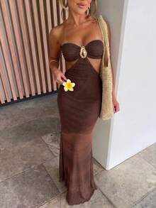 Aloruh Robe dos nu avec décoration métallique pour vacances à la plage pour femmes - Café - Voir 4