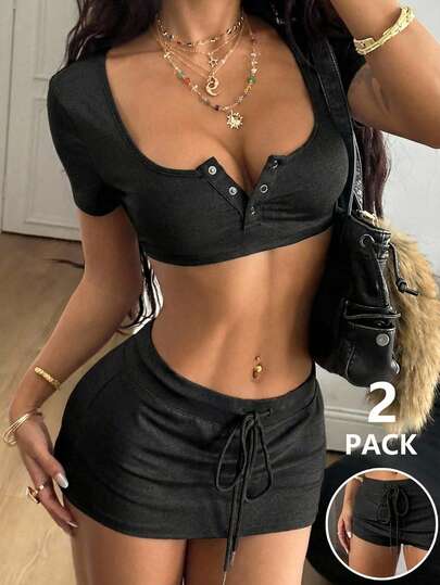 Coolane Women's Summer Rave Outfit Going Out Streetwear Vintage Y2K Gyaru Daily Wear Button Down Slim Fit Crop Black Gym Yoga Sport T-Shirt And Low Rise Mini Skirts With Underwear Two Pieces Outfits