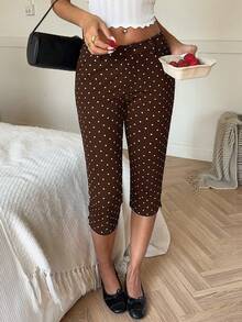 SHEIN EZwear 女款棕色與白色波點休閒 70 年代 1960 年代 百搭七分褲 早午餐 日常 夏季 - 咖啡棕 - 查看 6