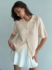 Aloruh Women's Solid Color Short Sleeve Single-Breasted Casual Knit Cardigan - Beige - View 5