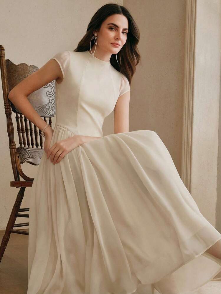 Women's Elegant Minimalist High-End Deep Coffee Stand Collar Split Elegant Dress