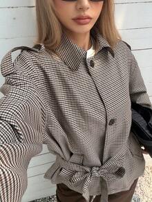 Elyressa 女士休闲格子外套配腰带，春秋季棕色方格商务休闲女装 - 彩色 - 查看 1