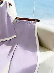 2 piezas Conjunto de top de tirantes de unicolor y elegante con cuello redondo y pantalones de pierna ancha, adecuado para vacaciones y uso diario casual - Púrpura malva - Ver 3