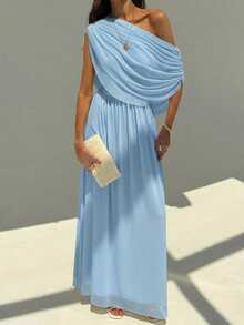 Aloruh Draped Shoulder Ruffle Decor Slim Fit Extra Long Flowy Maxi Dress,Light Blue Summer Elegant Vacation Wedding Guest Cocktail Holiday Party Lightweight - Baby Blue - View 6