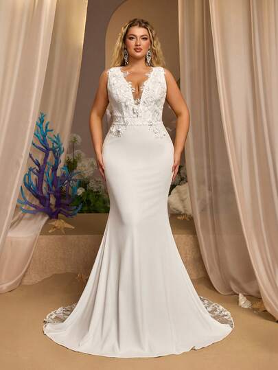 Glamrae Chân váy maxi dáng đuôi cá sang trọng, thanh lịch, cỡ lớn, chất liệu co giãn, thêu ren và đính kết tinh tế, không tay, có đuôi dài, phù hợp cho đám cưới, sự kiện, tiệc tùng, kỳ nghỉ, dạ hội.