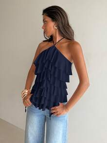 Aloruh Áo nữ thanh lịch, lãng mạn, cổ buộc dây, xếp lớp, viền bèo nhún, màu xanh navy, thích hợp cho kỳ nghỉ hoặc hẹn hò. - Màu xanh hải quân - Xem 4