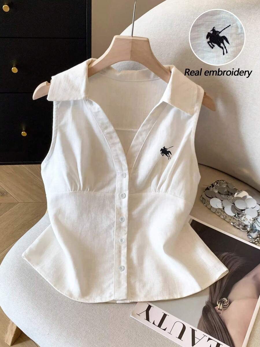 SHEIN Franclia 女士休闲 Polo 衫,刺绣领无袖白色衬衫,春夏款 - 白色 - 查看 1