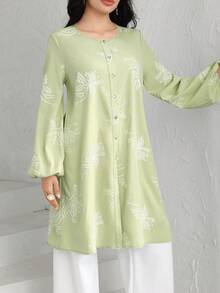 Graceveil Elegant Women's Loose Fit Round Neck Embroidered Long Sleeve Casual Vacation Blouse - Green - View 7