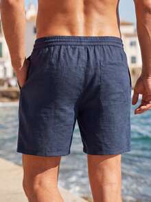 Manfinity KASUA Pantalones cortos de playa casuales de unicolor con cordón y bolsillos para hombres, vacaciones - Azul Marino - Ver 2