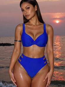 SHEIN Swim Solid Color Bikini Set, Underwire High Waisted Two Pieces Swimwear Bathing Suit Beach Outfit Summer Vacation,Summer Beach - Royal Blue - View 4