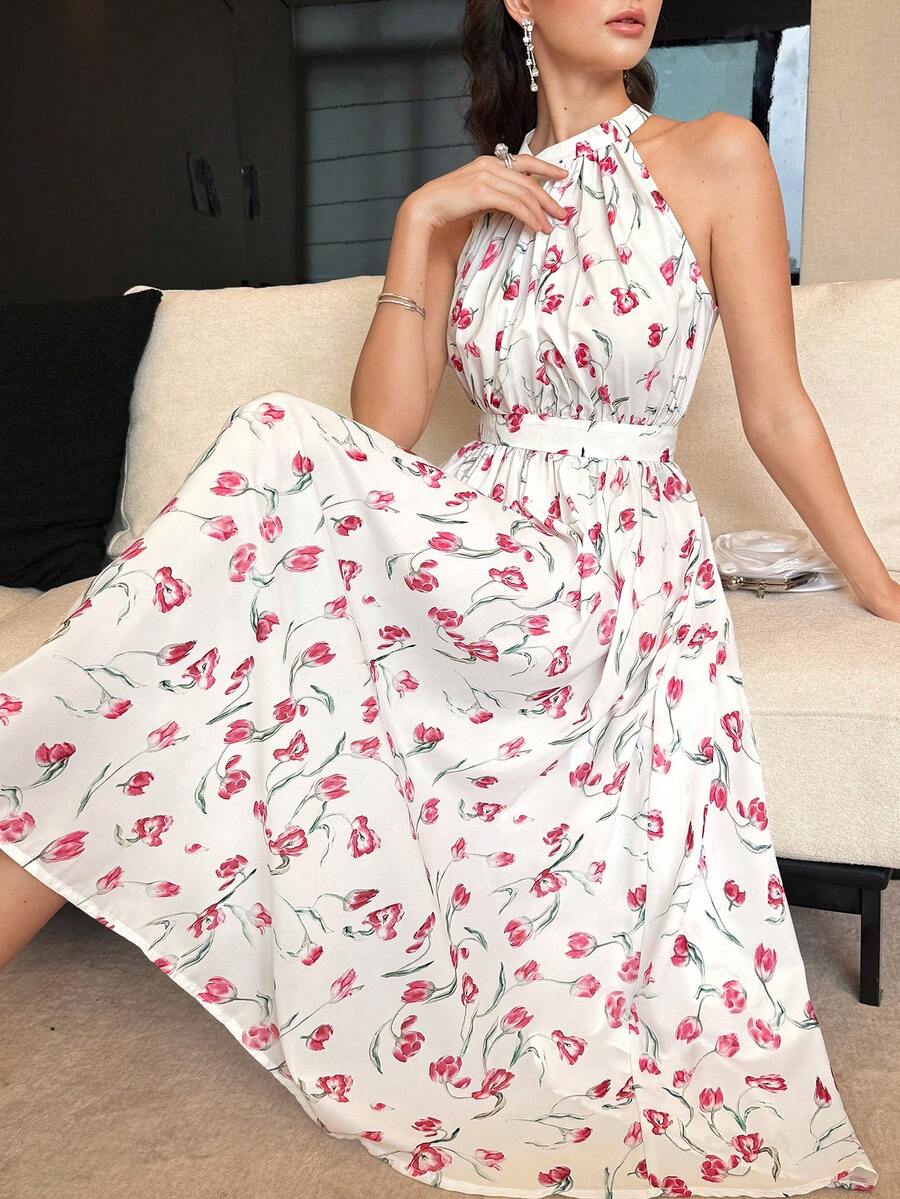 Modelyn Women's French Style Floral Print Sleeveless Halter Waist Cinched Flared Midi Dress - Multicolor - View 1