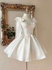 Lovelzi Elegant Luxurious Khaki Sequin Silk Bow Decor Spaghetti Strap Shell Pleated A-Line Short Cocktail Dress - White - View 6