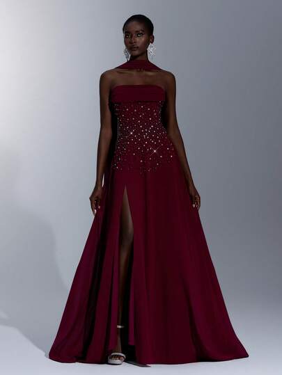 Glamrae Elegant Luxurious Glamorous Bubble Bead Diamond Sexy Strapless Ruffle High Slit Chiffon Dress, Suitable For Weddings, Events, Singles Parties, Vacations, Galas, Formal Occasions