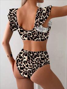 SHEIN Swim 女士豹纹荷叶边性感分体比基尼泳装套装，夏季海滩 - 彩色 - 查看 2