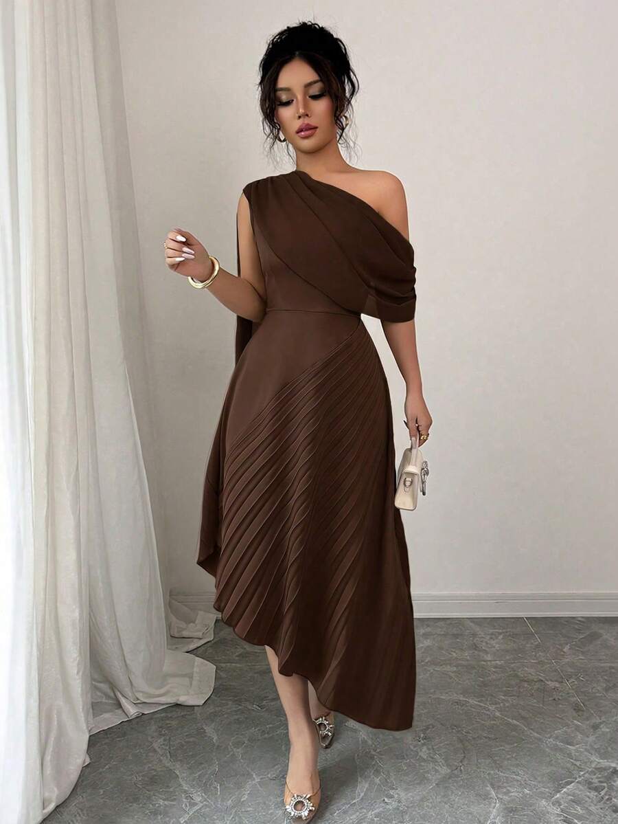 Rafferiza Đầm không tay xếp ly, cổ khăn choàng, dáng suông, thanh lịch dành cho nữ, chất liệu bóng, thích hợp cho mùa xuân/hè. - Cà phê nâu - Xem 1