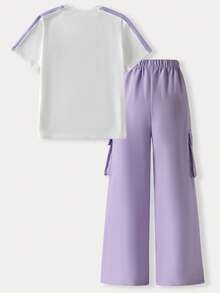 Casuvi Kids 2pcs/Set Conjunto de Verano para Niña Preadolescente, Camiseta Retro Americana con Letra Púrpura & Pantalones Cargo, Conjunto de Moda Estilo Vaquero Dulce para Regreso a Clases - Morado - Ver 2