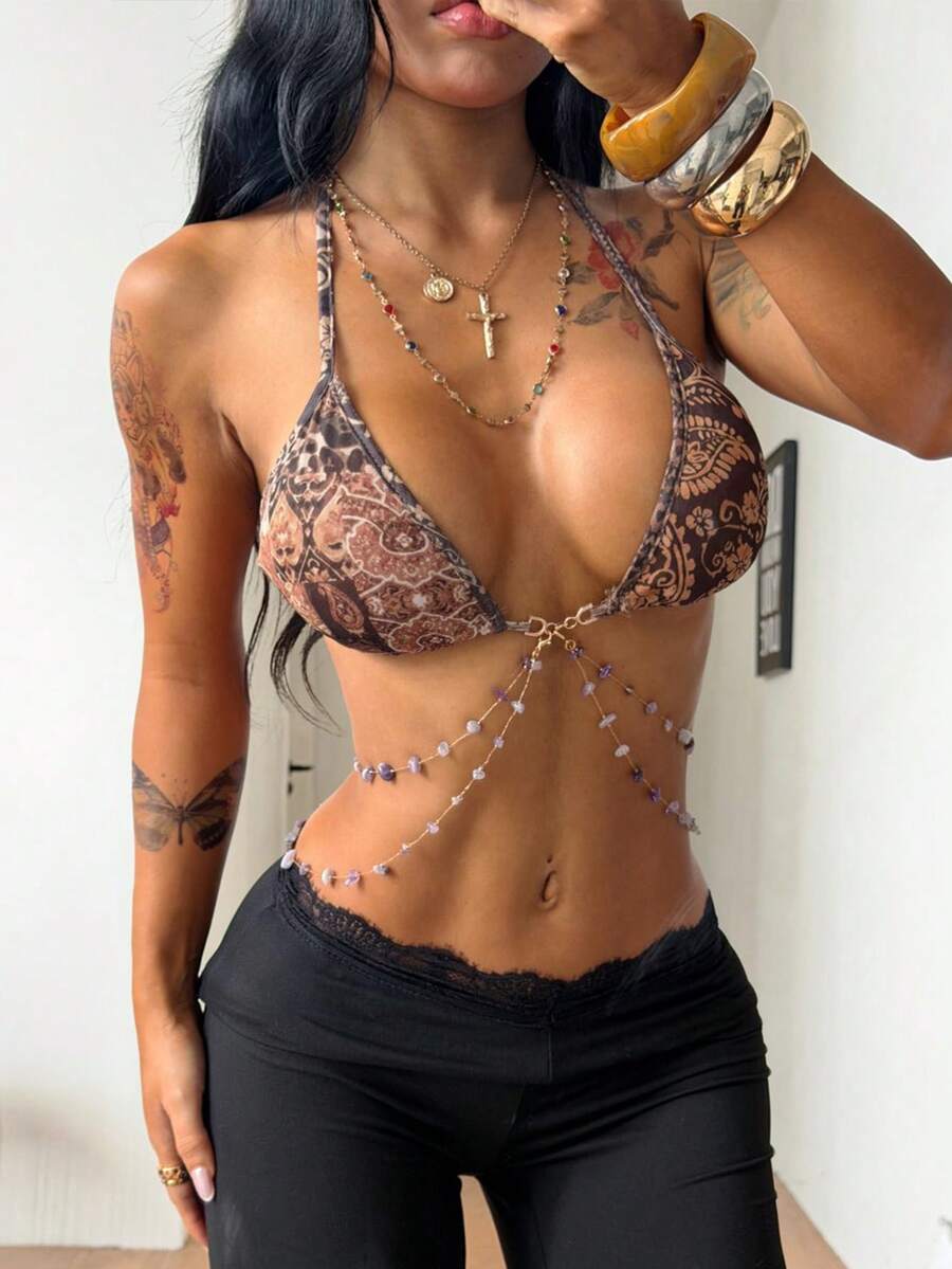 Coolane Women's Spring/Summer Sexy Y2k Chic Vacation Outfits Cheetah Print Beads Brown Bikini Tops