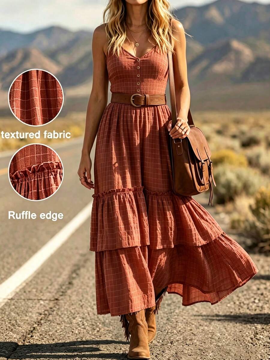 SHEIN LilyWest New V-Neck Spaghetti Strap Layered Ruffle Hem Western Style Dress - Pink - View 1