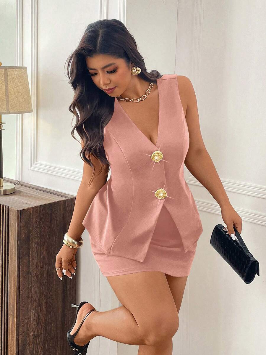 Femmeverse Plus Size Women Solid Color Metal Single-Breasted Top And Mini Skirt Casual Vacation Set - Pink - View 1