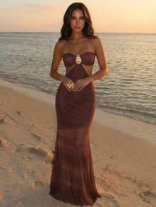 Aloruh Robe dos nu avec décoration métallique pour vacances à la plage pour femmes - Café - Voir 5