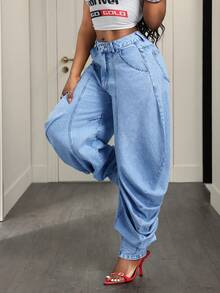 SHEIN BamGlam Quần jean denim nữ kiểu dáng thường ngày - Màu xanh lam - Xem 4