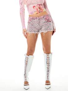 SUMWON WOMEN Sparkly Sequin Embellished High Rise Distressed Denim Shorts With Frayed Hem Snake Print Detail Festival Summer Vacation Beach Party Rave Concert Glitter Hot Pants - Pink - View 3