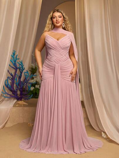 Glamrae Plus Size Elegant, Romantic, Fashionable Pink Elastic Mesh Handmade Ruched A-Line Dress, Suitable For Party, Wedding Guest, Pink Formal Evening Gown, Stylish And Graceful Wedding/Formal Dinner Dress