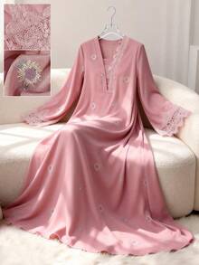 Yasmyna Robe longue à manches longues, évasée et élégante avec ourlet brodé pour femmes - Rose bonbon - Voir 2