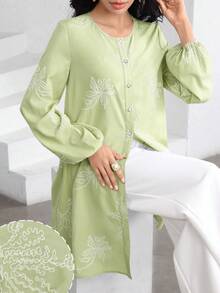 Graceveil Elegant Women's Loose Fit Round Neck Embroidered Long Sleeve Casual Vacation Blouse - Green - View 1
