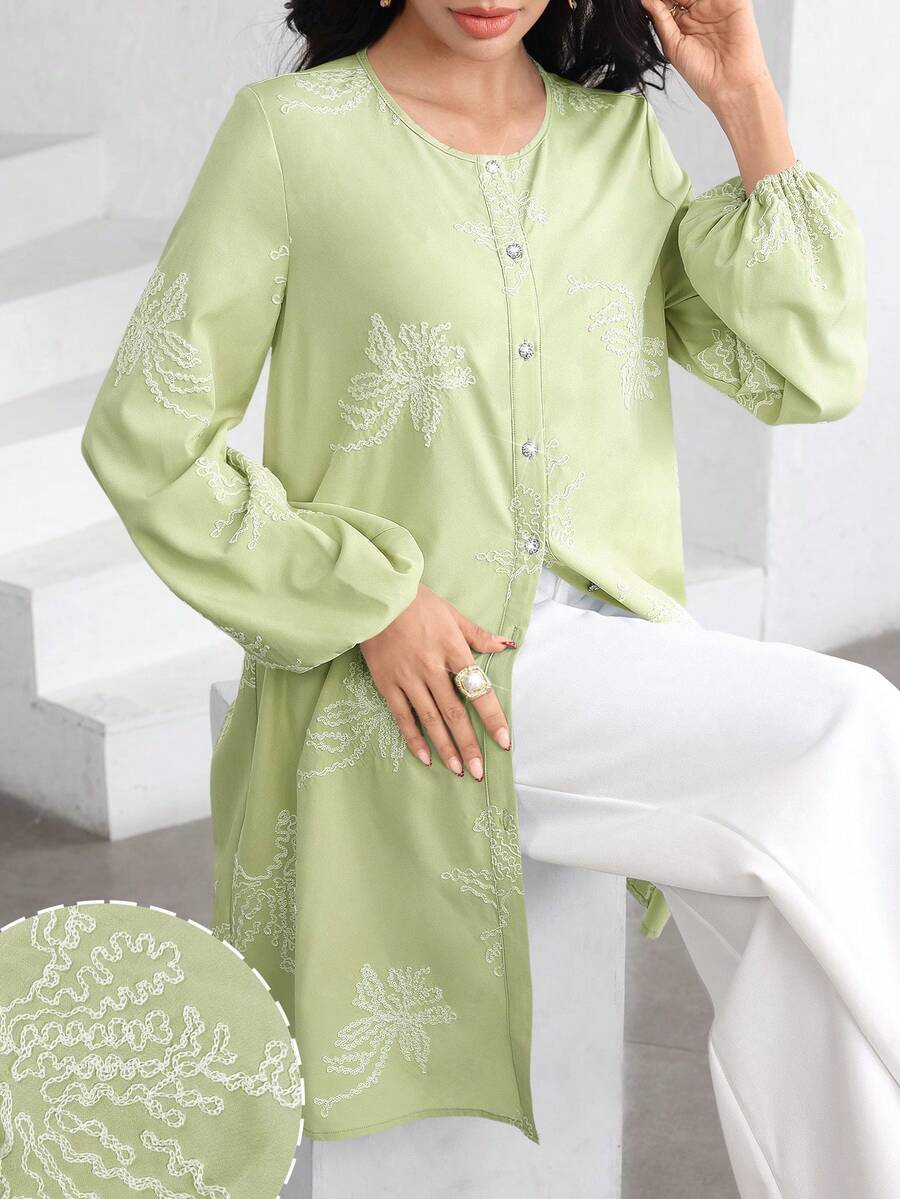 Graceveil Elegant Women's Loose Fit Round Neck Embroidered Long Sleeve Casual Vacation Blouse - Green - View 1