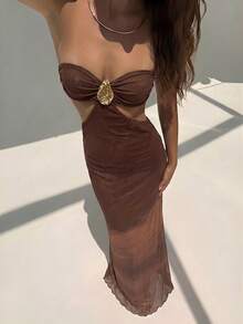 Aloruh Robe dos nu avec décoration métallique pour vacances à la plage pour femmes - Café - Voir 3