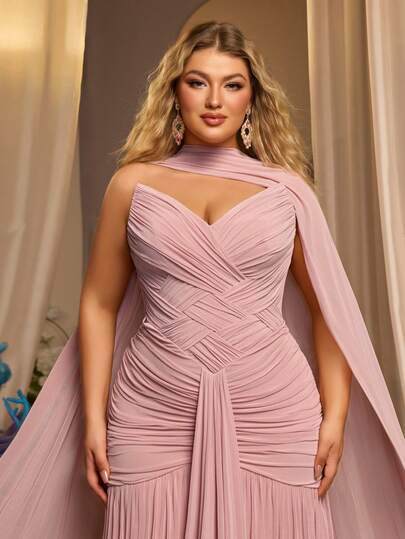 Glamrae Plus Size Elegant, Romantic, Fashionable Pink Elastic Mesh Handmade Ruched A-Line Dress, Suitable For Party, Wedding Guest, Pink Formal Evening Gown, Stylish And Graceful Wedding/Formal Dinner Dress