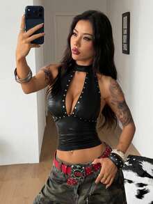 Coolane Women's Spring Streetwear Rave Outfit Party Hippie Punk Y2K Rivet Stretchy Black Halter Top - Black - View 5